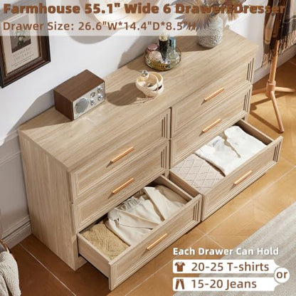 55.1" Wide Farmhouse 6 Drawers Dresser for Bedroom,Natural, view 5