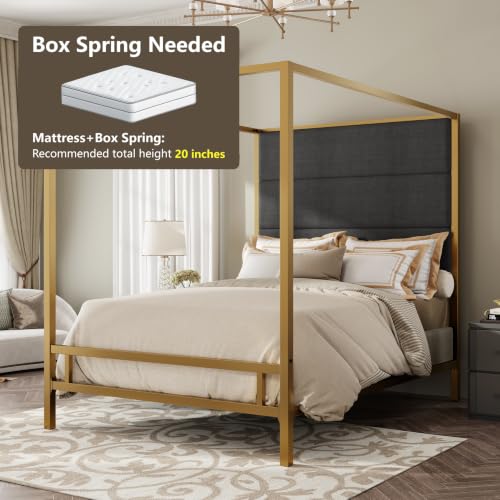 Queen Size Canopy Bed with Upholstered Headboard and Storage,Gold+Dark Grey, view 9
