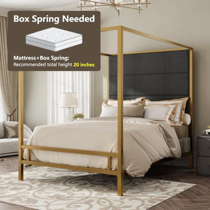 Queen Size Canopy Bed with Upholstered Headboard and Storage,Gold+Dark Grey, view 9