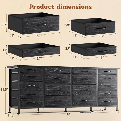 63" W Dresser for Bedroom, 18 Fabric Drawers, LED & Charging, view 4