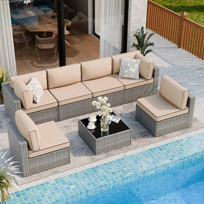 7 Pieces Outdoor Patio Furniture Sets, Patio Sectional Sofa Couch, Gray PE Wicker Furniture Modular Patio Conversation Sets Patio Sofa with Washable Cushions, Gray/Khaki