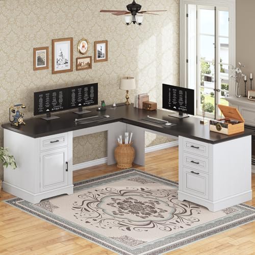 Farmhouse 69" Executive L Shaped Desk, Home Office Desk with Drawers and Storage Cabinet & Power Outlet, Corner Computer Desk, White