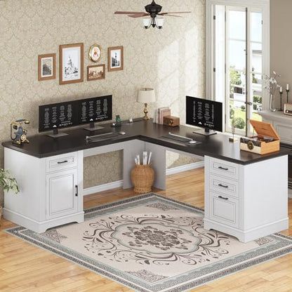 Farmhouse 69" Executive L Shaped Desk, Home Office Desk with Drawers and Storage Cabinet & Power Outlet, Corner Computer Desk, White