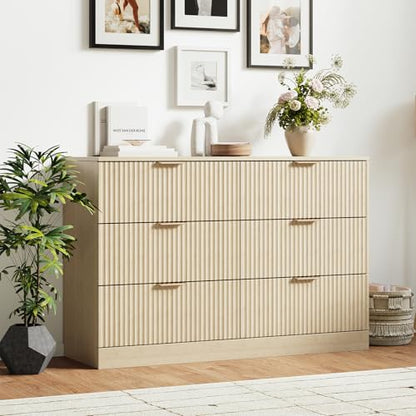 Modern Fluted 6 Drawer Dresser, Wide Wooden Storage Cabinet with Metal Handles, view 2