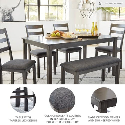 Signature Design by Ashley Bridson Dining Table Set For 6 With Bench, Wood 6‑Piece Kitchen Table And Chairs With Upholstered Seats, Transitional Charcoal Gray Dining Room Collection For Family Meals
