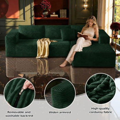107" Sectional Boneless Couches for Living Room.Deep Seat Corduroy L Shaped Modular Sofa.Cloud Sectional Sofa.Upholstered Couches with Oversized Chaise(Green,Right Chaise)