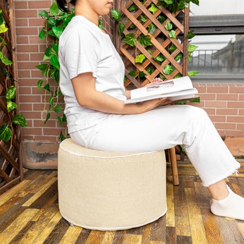 Outdoor Ottomans for Patio Pouf Waterproof Fade-Resistant Ottoman Foot Rest for Outdoor - Ottoman Chair Filled with High-Density All-in-One Foam, 20" D x 14" H Inches (Linen, Round)
