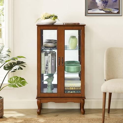 Curio Cabinet Lighted Curio Diapaly Cabinet with Adjustable Shelves and Mirrored Back Panel, Tempered Glass Doors (Oak, 3 Tier), (E26 Light Bulb not Included)