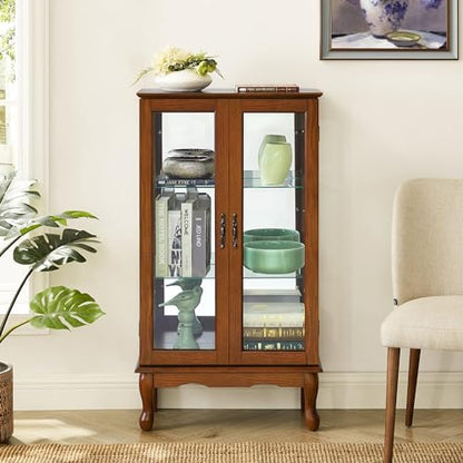 Curio Cabinet Lighted Curio Diapaly Cabinet with Adjustable Shelves and Mirrored Back Panel, Tempered Glass Doors (Oak, 3 Tier), (E26 Light Bulb not Included)