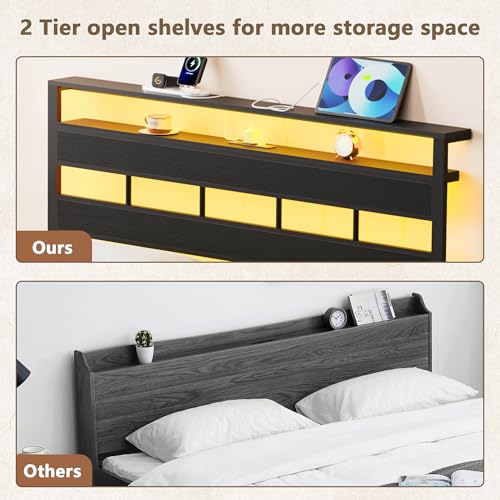 Twin Bed Frames with Charging Station and LED Lights, Black Oak, view 7