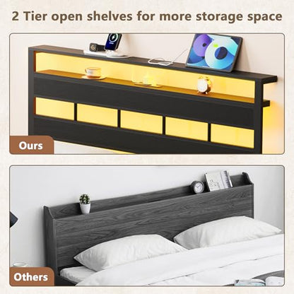 Twin Bed Frames with Charging Station and LED Lights, Black Oak, view 7