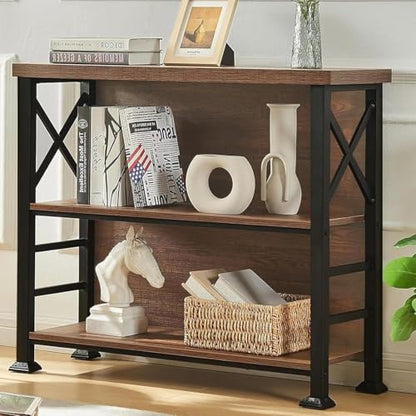 3-Tier Small Bookshelf, 35.4 Inch Short Book Shelf with Sturdy Metal Frame & Wood Shelves, Rustic Brown Industrial Bookcase for Living Room, Bedroom, Office