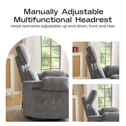 Oversized Power Recliner Chair with Adjustable Headrest, Swivel Rocking Recliner for Adults, 24" Extra Wide Glider Nursery Chair with Overstuffed Armrest for Living Room, USB Ports, Grey