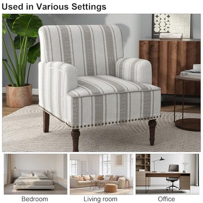 Accent Chair, Mid Century Modern Comfy Armchair for Living Room, Linen Fabric Single Sofa Lounge for Reading Bedroom Apartment Waiting Room with Wood Legs (Brown Stripe, Set of 1)