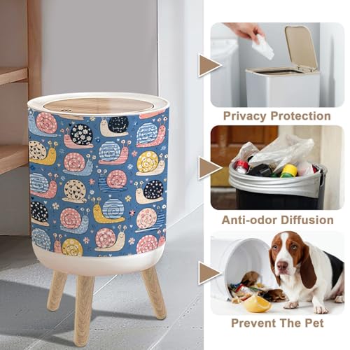 Small Trash Can with Lid Snails Seamless Summer Nursery Colorful Trending Colors Hand 1.8 Gallon/7L Garbage Can Waste Bin with Press Top Lid Legs Waste Basket for Bathroom Kitchen Bedroom