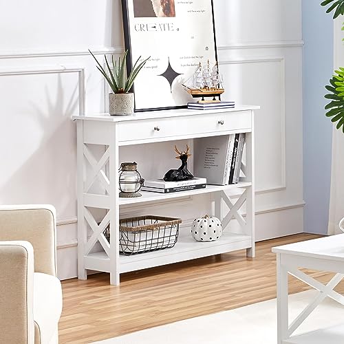 Yaheetech TV Stand, Entertainment Center with Drawer, 39.5" Media Console Table for TV with 2 Open Shelves for Bedroom, Living Room, Entryway, White