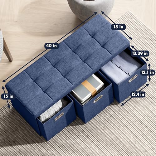 40 Inch Storage Ottoman with 3 Drawers, Tufted Linen, Navy Blue | Foldable Large Bench Design; Foot Rest Stool Seat; Ideal for Living Room, Bedroom or Entryway
