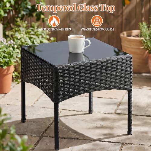 3 Piece Patio Furniture Set, All-Weather Outdoor Conversation with Removable Cushions & Tempered Glass Table, Small Wicker Bistro Set for Balcony, Porch, Backyard, Deck, Black