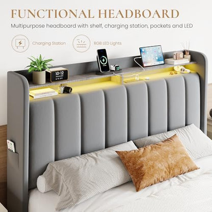 Velvet Queen Bed Frame with Vertical Channel Tufted Wingback Headboard & 2 Storage Drawers/2-Tier Shelves with LED Lights & Charging Station/Noise-Free/No Box Spring Needed/Light Grey