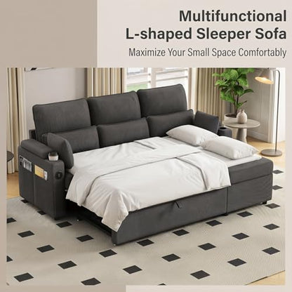 L-Sofa Bed Sleeper Pull Out with Storage Function and Two USB Ports and Cup, view 7