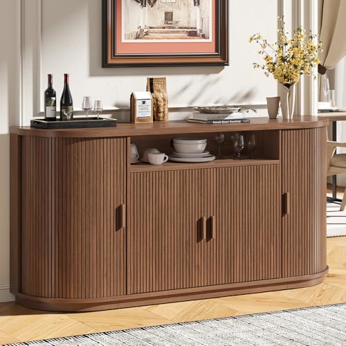 63" Sideboard Buffet Cabinet with Storage, Modern Fluted Credenza, Walnut, view 2