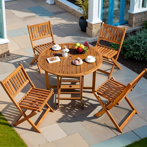 5 Piece Patio Dining Set Outdoor Acacia Wood Furniture All-Weather Folding Round Table and Chairs for Backyard, Balcony, Porch, Deck, Garden, Light Brown