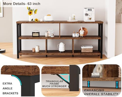 Bookshelf, Farmhouse 63” Long Open Book Shelf, Wood Metal 5 Cube Bookcase for Living Room, Low Horizontal Bookshelf for Bedroom, Wide Cubby Storage Organizer for Home Office, Rustic Brown, 63 Inch