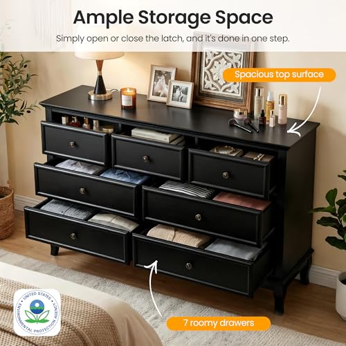 53" Wide 7 Drawer Dresser, Black Dresser for Bedroom, view 4