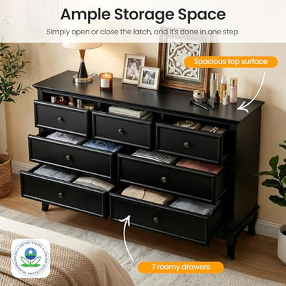 53" Wide 7 Drawer Dresser, Black Dresser for Bedroom, view 4