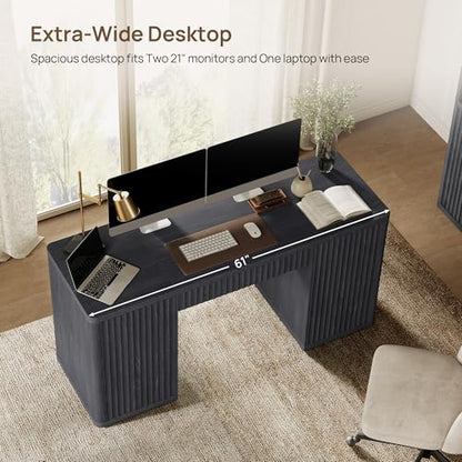 61" Large Home Office Desk with Storage Fluted Office Desks with 2 Doors & 1 Drawer Modern Executive Desk Wooden Study Desk Writing Desks Vanity Table for Living Room Bedroom, Black Alder