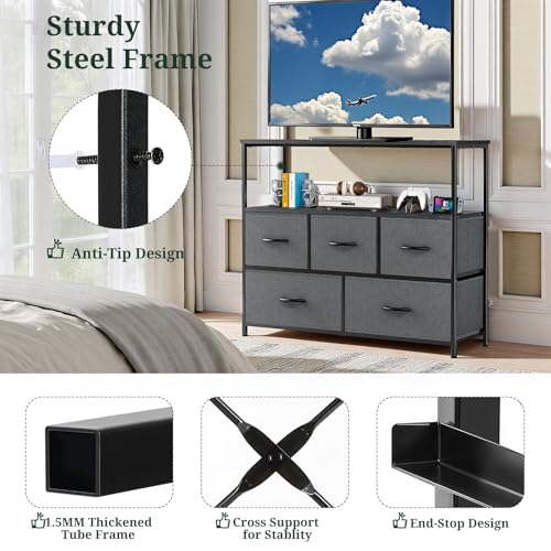 TV Stand, 5 Fabric Drawers Entertainment Center for TV up to 45 inch Wooden Media Console Table with Open Shelf, for Living Room, or Small Space, Gray