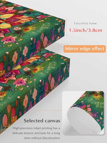 NuYeBiofx Boho Colorful Flower Canvas Wall Art Prints,48"x32" Framed Picture Artwork Farmhouse Blossom Floral on Green Printed Canvas Oil Painting for Living Room Bedroom Office,Ready to Hang