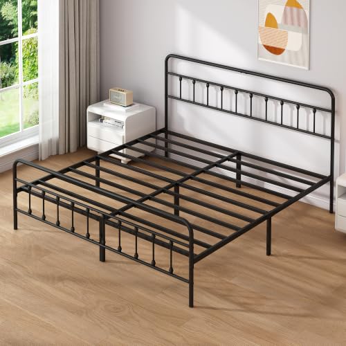 King Metal Bed Frame with Victorian Headboard & Footboard, Black, view 4