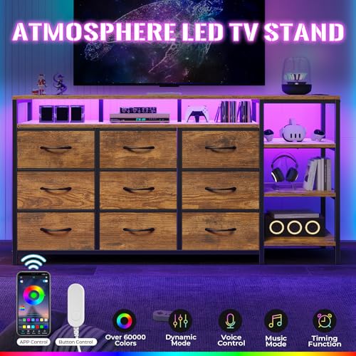TV Stand for 60 Inches, Dresser With Charging Station & LED Lights, 9 Fabric Drawers, Entertainment Center and Industrial Console Table With Open Shelves for Living Room, Bedroom, Rustic Brown