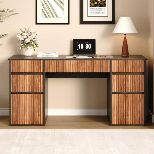 Desk with Drawers, 58 Inch Executive Office Desk with File Drawer, Black, view 8