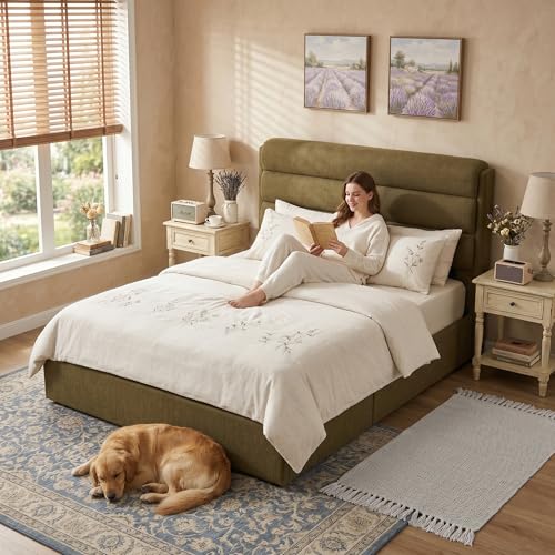 Queen Size Lift Up Storage Bed with Linen Headboard, Green, view 4