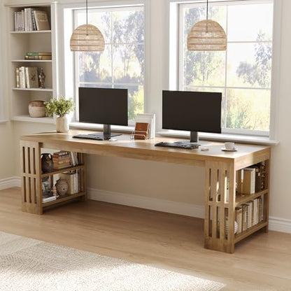 78.7" Long Desk, 2 Person Desk with Shelves, Large Wooden Computer Desk, Heavy Duty Shelf Legs Design for Two Person Home Office, Business, Workstation, Natural (78.7" W x 23.6" D)