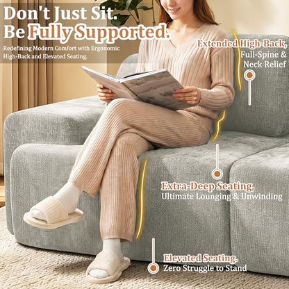 159" Oversized Boneless Couch, Comfort Cloud Sectional Couches for Living Room, Modular Sofa High Back & Extra Deep Seat, No Assembly, Soft Chenille Fabric (Light Grey, 159 inch-（4+4）)