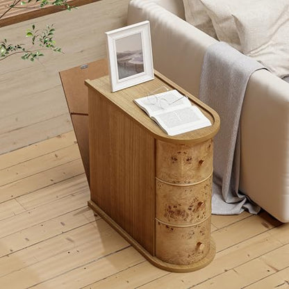 Rustic Farmhouse Narrow 3 Drawer End Table with Burl Finish, Brown | Natural Burl Sofa Side Table with Metal Knobs, Slim Bedside Table with Back Storage Space for Small Space, Bedroom