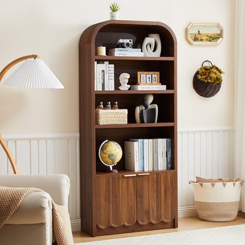 70" Tall Arched Bookshelf with Storage Cabinet, Modern 4-Tier Wood Bookcase with Scalloped Doors & Gold Handles, Open Display Shelves for Living Room, Bedroom, or Home Study Office (Walnut)