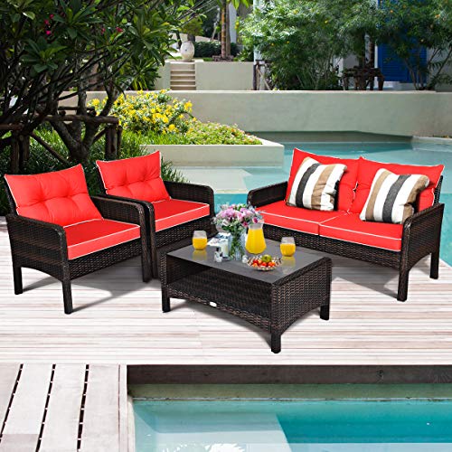 4 Piece Patio Furniture Set, Outdoor Wicker Conversation Set with Glass Top Coffee Table, All Weather Proof and Thick Cushions, Suitable for Porch, Garden, Poolside and Lawn (Red)