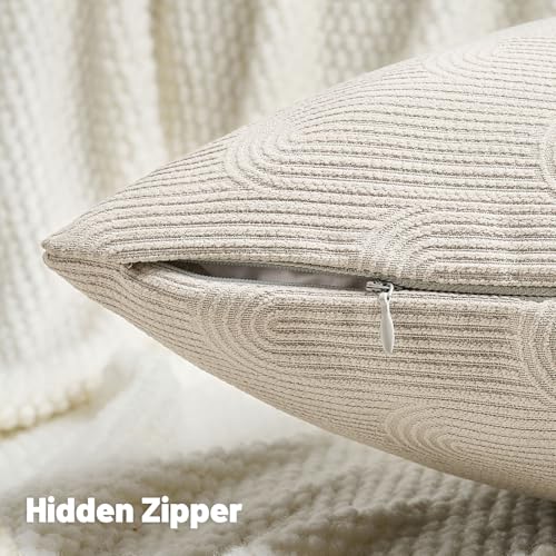 Pack of 2 Chenille Decorative Throw Pillow Covers 18x18 Inch,Soft Cozy Striped Geometric Patterns Cushion Case,Modern Home Decor for Couch Bed Living Room,Beige