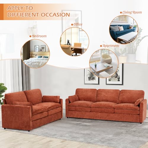 2 Pieces Chenille Sofa Set w/Arm Pillows, Upholstered Loveseat & 3 Seater Sofa w/Comfortable Back Cushions, Modern 2-Seat & 3-Seat w/High-Density Foam for Living Room, Apartment, Orange