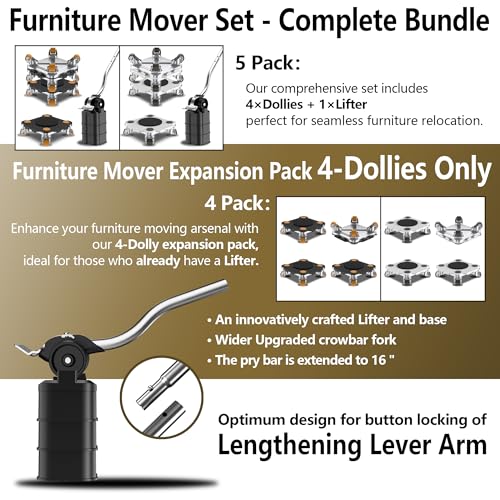 Furniture Mover with Wheels, 360° Rotation Wheels Furniture Dolly for Moving Heavy Furniture, Appliances, 880 LB Max Load Capacity with Auxiliary Lifter - Black Connect Dolly Pro
