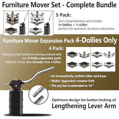 Furniture Mover with Wheels, 360° Rotation Wheels Furniture Dolly for Moving Heavy Furniture, Appliances, 880 LB Max Load Capacity with Auxiliary Lifter - Black Connect Dolly Pro