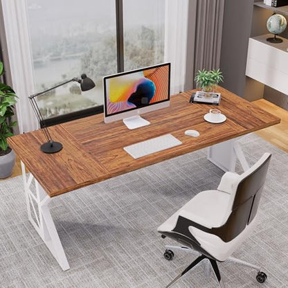 70.8" Executive Office Desk, Large Heavy-Duty Computer Desk for Home Office, Modern Writing Workstation with Rustic Brown Tabletop and White Metal Frame