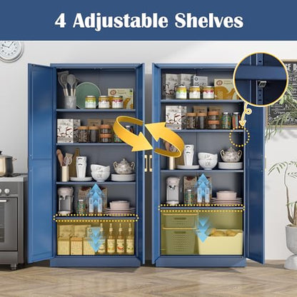 Kitchen Pantry Cabinet,71” Metal Pantry Storage Cabinets with Doors and 4 Adjustable Shelves,Blue Kitchen Cabinet with 2 Gold Handles,Tall Cabinet for Livingroom