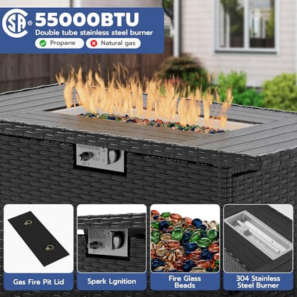 7 Piece Patio Furniture Set with Fire Pit Table, Outdoor Sectional Conversation Sets Black Wicker Rattan Sofa with Coffee Table for Patio Garden Backyard, 4'' Thickened Cushion Black