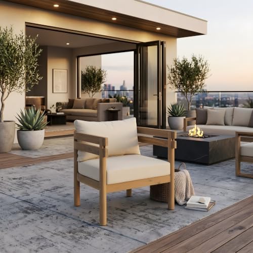 Idda Acacia Wood Lounge Chair Outdoor with Removable Cushion, Solid Wood Patio Accent Chair with Cushion, Patio Furniture Set Sofa Chair, Beige+Light Brown
