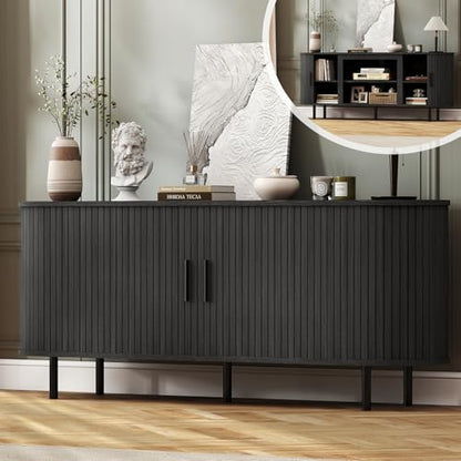 65'' Mid Century Fluted Modern TV Stand-Curved TV Cabinet with Storage, view 2